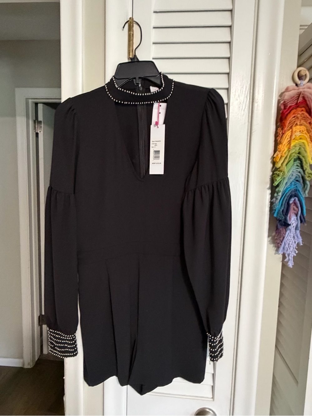 Parker Black Long-Sleeve Pearl-Trim Romper